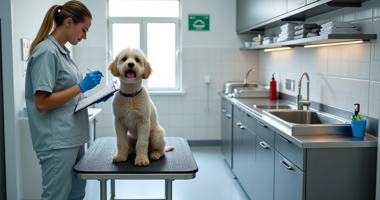 Profissional de pet shop conferindo checklist de segurança em área de banho e tosa 