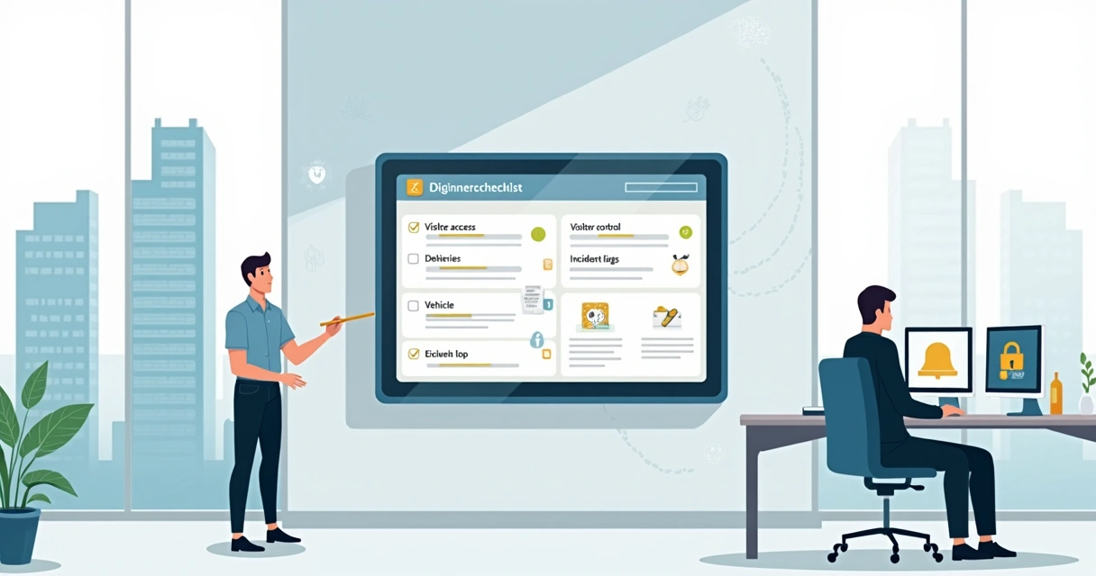 Dashboard com checklist de segurança digital de condomínio em 2026 