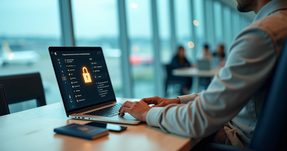 Viajante confere checklist de segurança digital no celular em aeroporto internacional moderno 