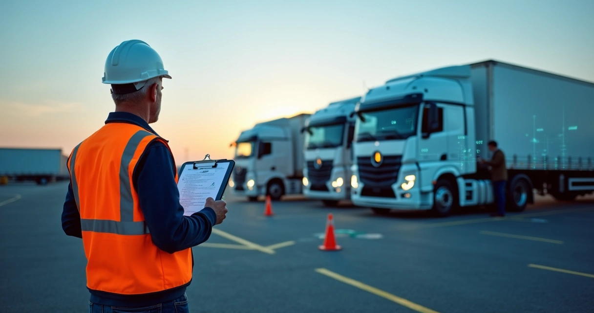 Supervisor à frente de caminhões executando checklist de segurança em pátio de frota 
