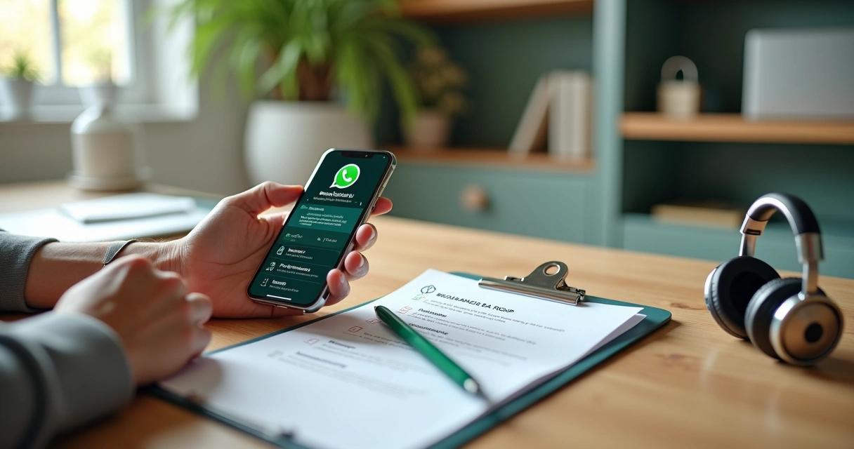 Administrador revisando checklist de segurança de grupo do WhatsApp em mesa de trabalho 