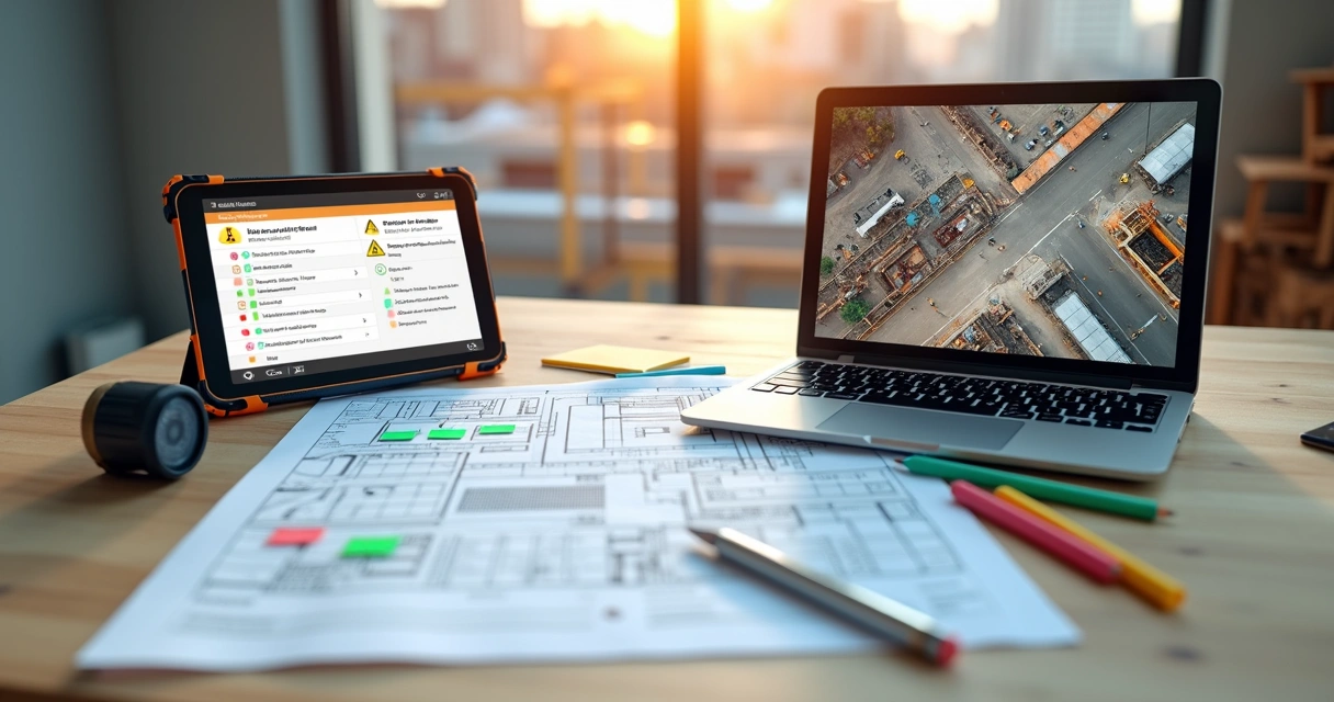 Checklists de segurança digitais sobre planta de construção com gravações de câmera 