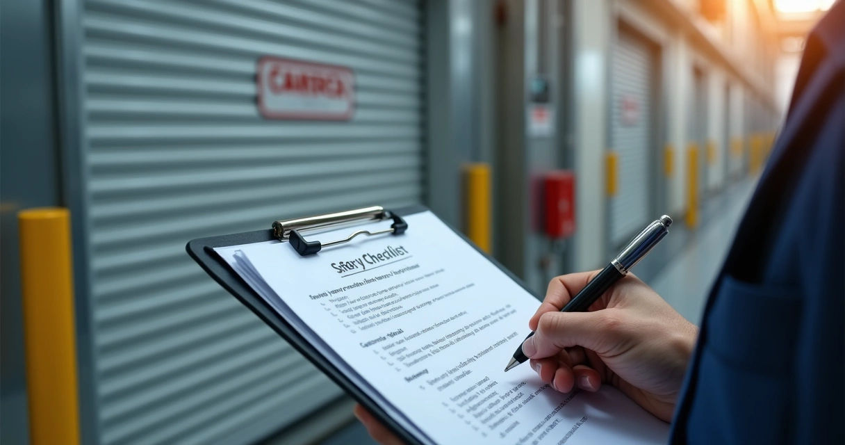 Técnico preenchendo checklist de segurança de porta automática 