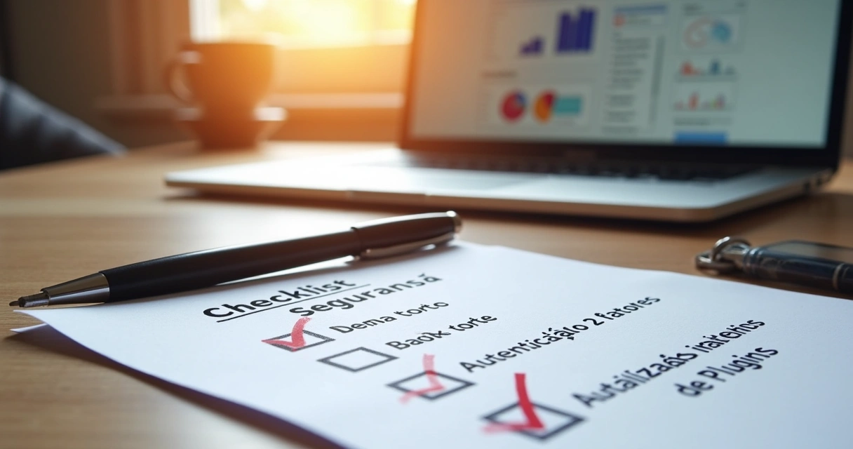 Checklist de segurança WordPress em papel, com caneta e notebook ao fundo. 