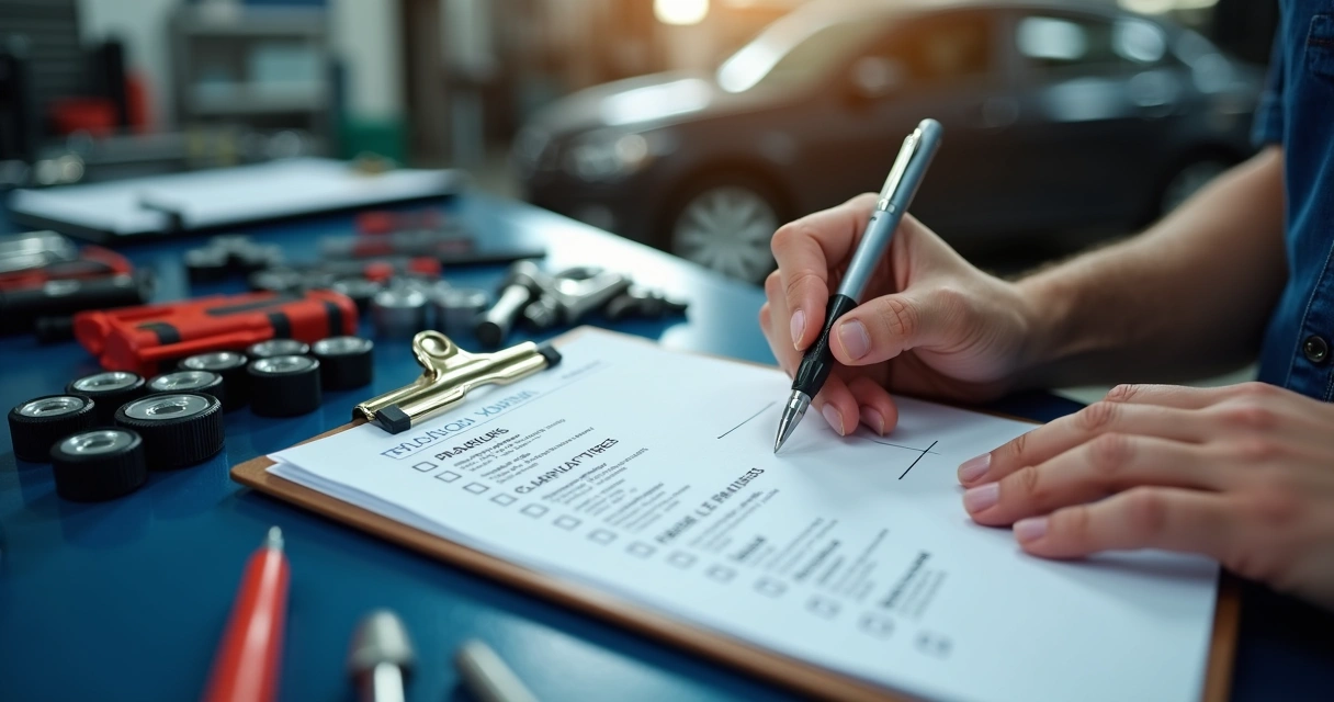 Checklist de itens de segurança veicular sobre uma mesa de oficina 