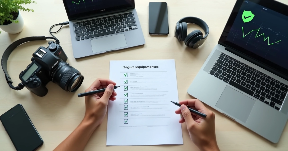 Profissional conferindo checklist de proteção ao lado de equipamentos eletrônicos 