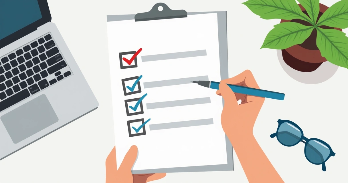 Checklist em folha de papel com caneta, itens sendo conferidos, ao lado de um notebook 