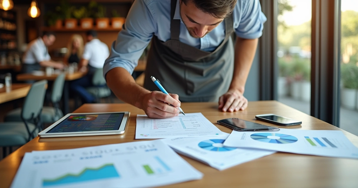 Gestor de restaurante analisando checklist semanal com relatórios financeiros em um tablet 
