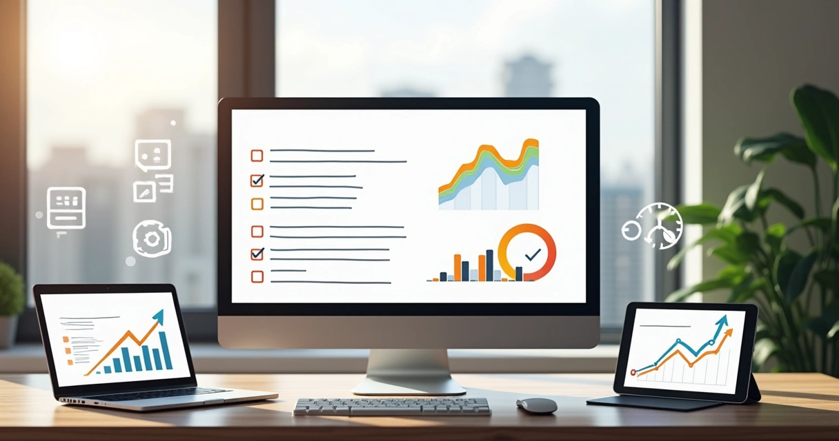 Tela de computador com checklist de SEO técnico ao lado de gráfico de crescimento digital 