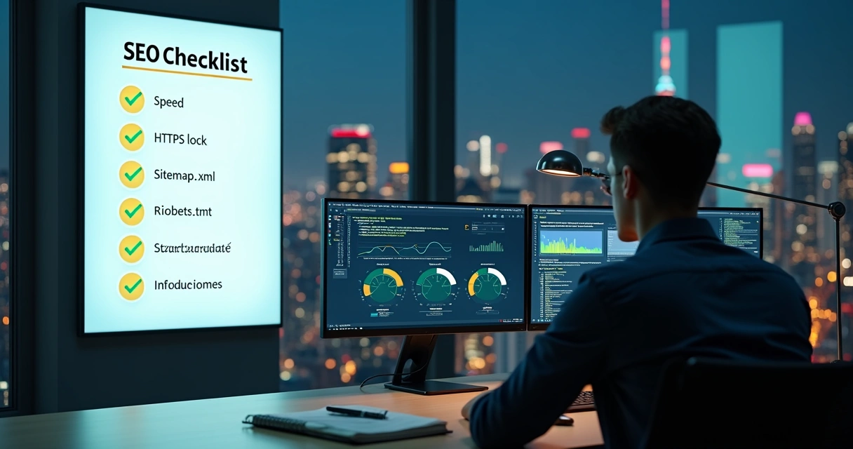 Profissional analisando checklist de SEO técnico em painel grande de monitoramento 