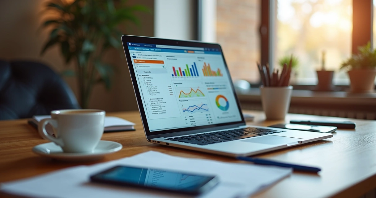 Checklist de SEO técnico com notas e gráficos em computador portátil 