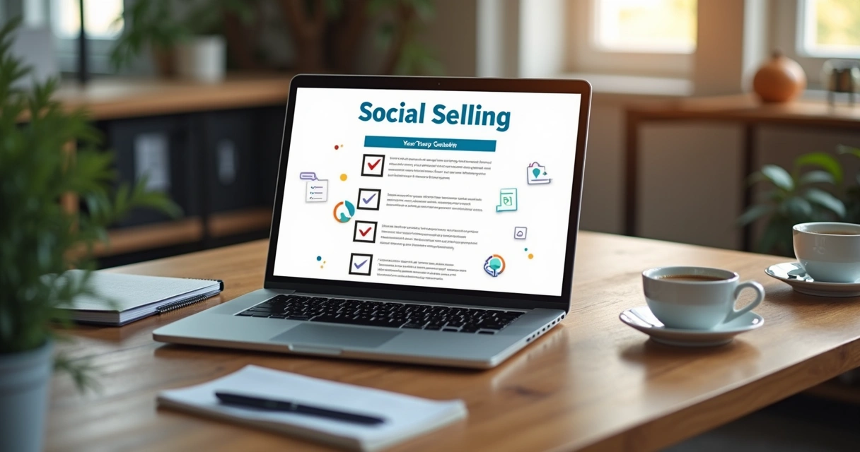 Checklist visual para social selling B2B visto na tela de notebook 