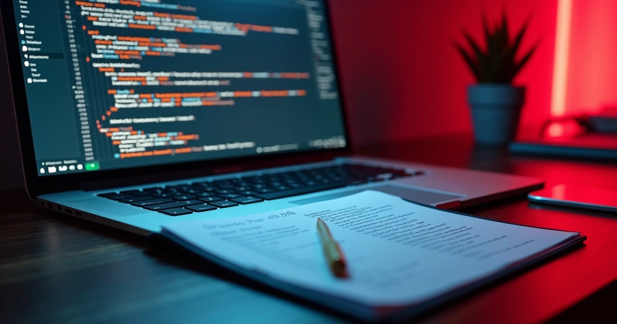 Mesa de trabalho com checklist impresso, laptop aberto mostrando código de software, e ferramentas digitais ao redor 