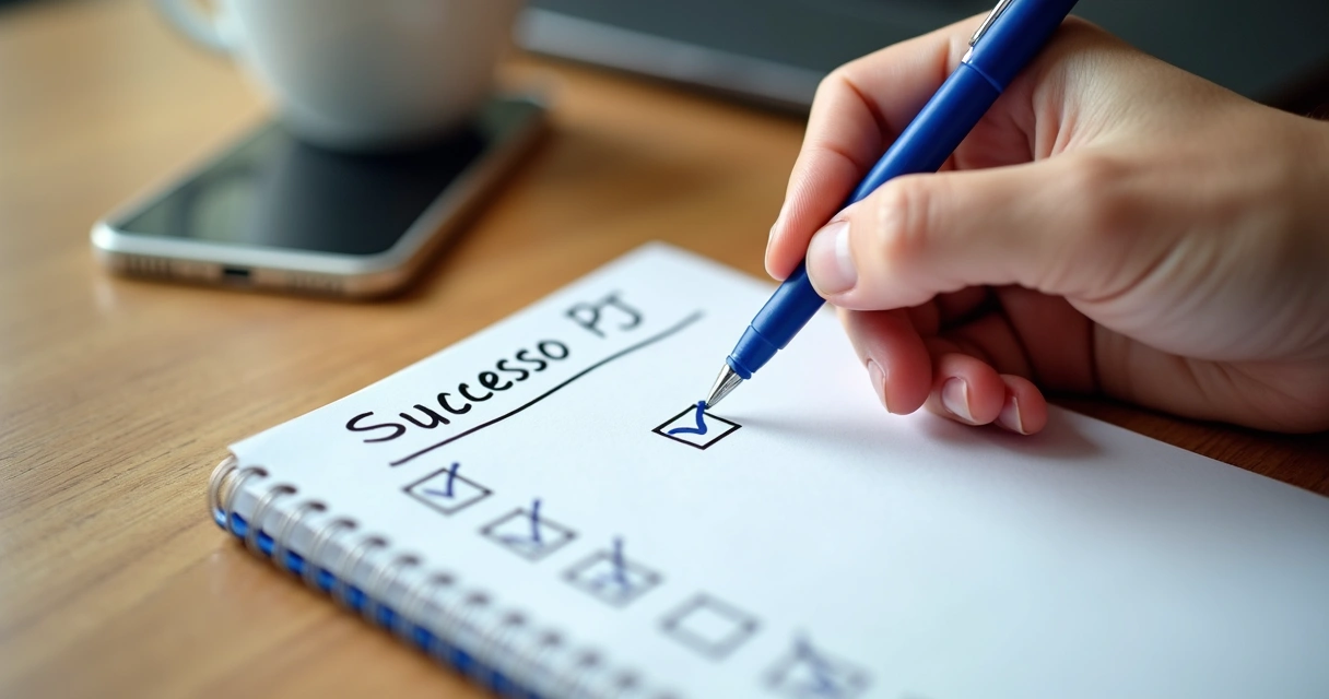Checklist escrito à mão sendo marcado com caneta azul 