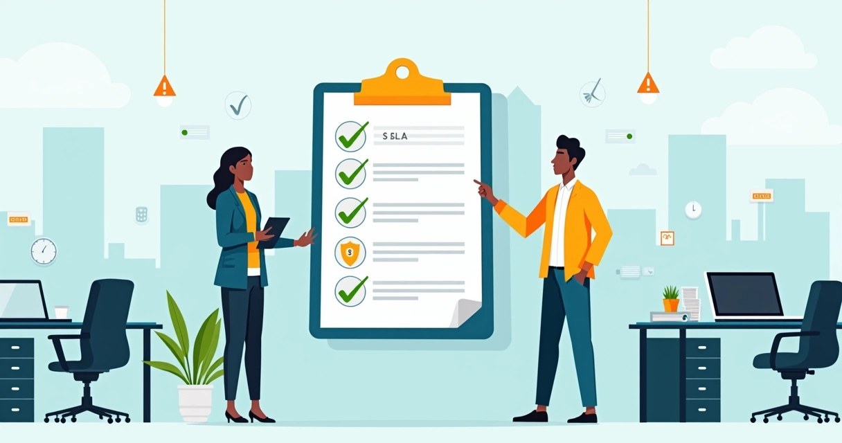 Gestor de pequena empresa revisando checklist digital de suporte de TI com fornecedor especializado 