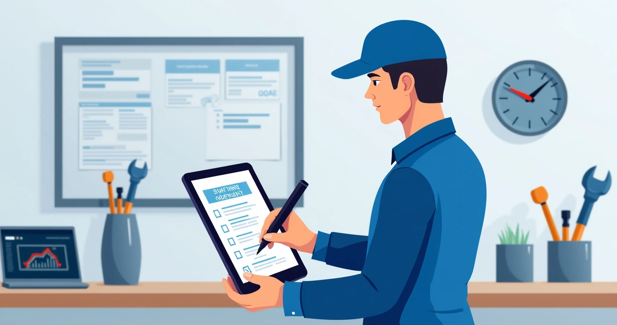 Técnico assinando checklist de ordem de serviço em tablet 