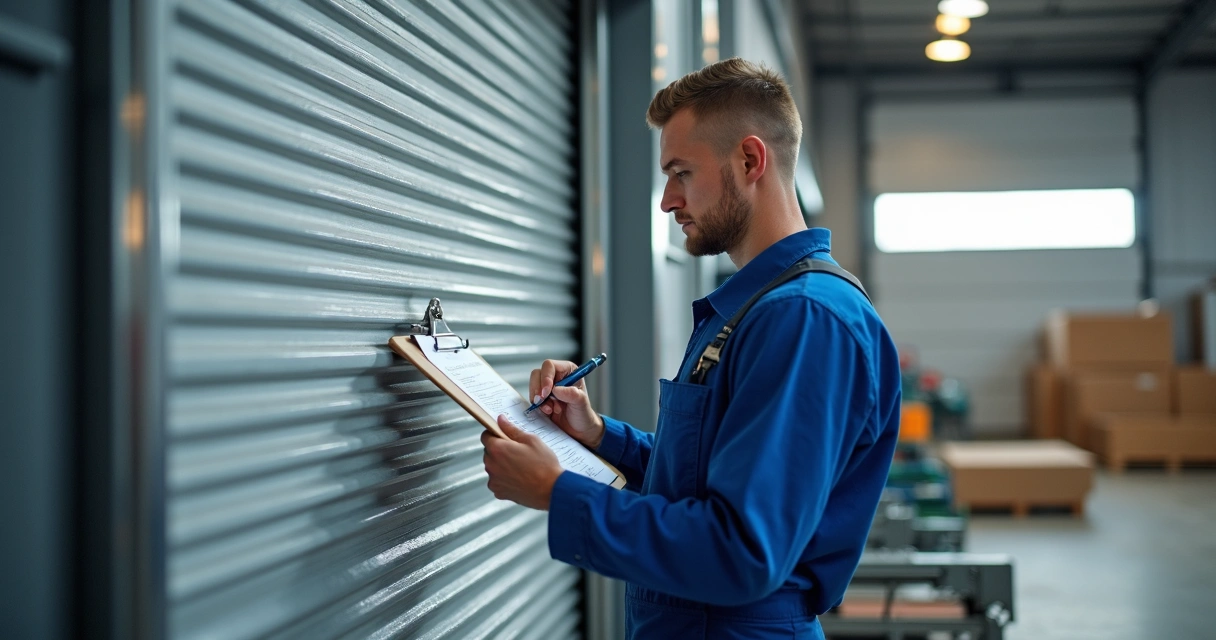 Técnico faz checklist em porta de enrolar automática 