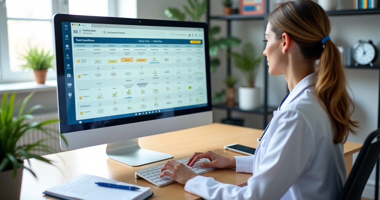 Médica organiza checklist digital para teleconsultas na tela de computador amplo 