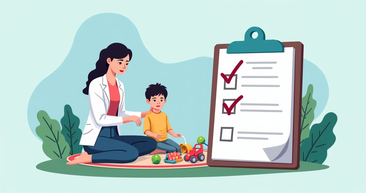 Criança autista brincando com terapeuta ao lado de um checklist em uma prancheta 
