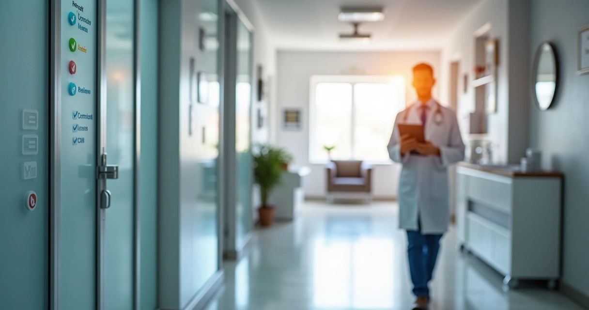Médico caminhando por corredor de clínica com checklist digital na mão 