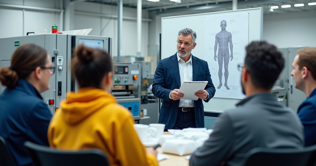 Equipe recebe orientação sobre a ergonomia de novo equipamento industrial 