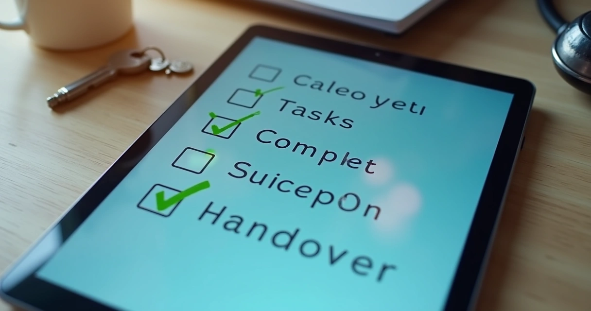Checklist digital aberto em tablet mostrando tarefas concluídas para troca de plantão 