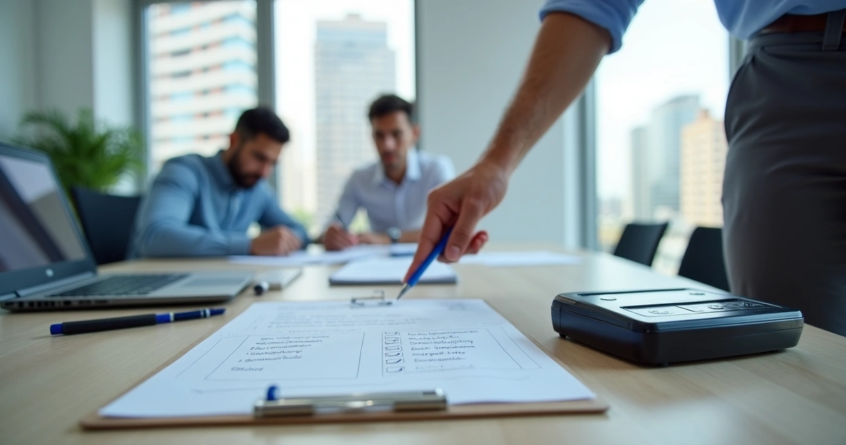 Gestor de RH conferindo checklist para troca de relógio de ponto eletrônico em escritório moderno 