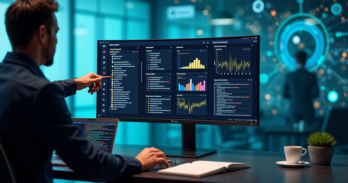 Profissional analisando checklist de validação de dados de IA em painel digital 