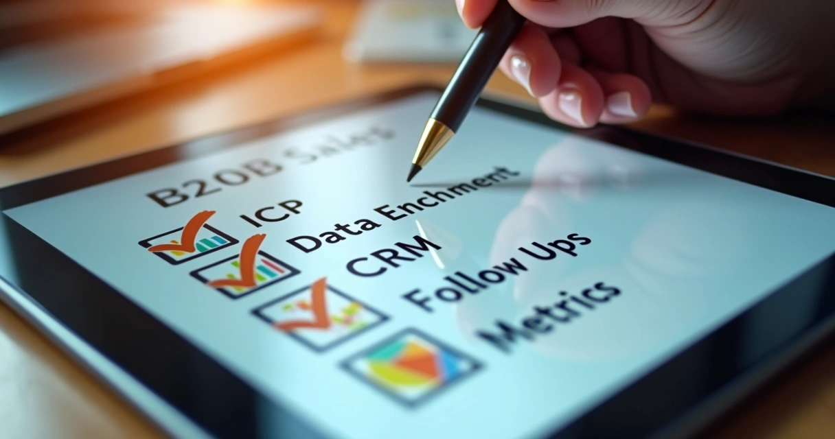 Checklist digital para vendas B2B em tablet com marcações e ícones de etapas 