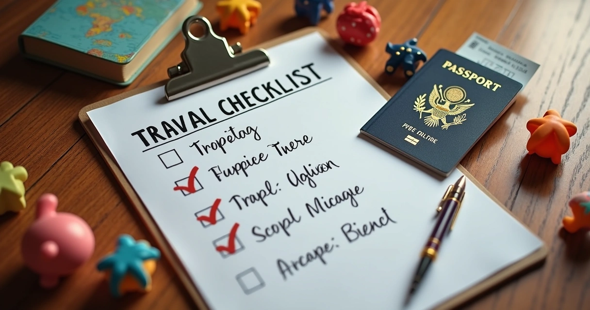 Checklist de viagem para intercâmbio au pair em folha de papel com itens marcados 