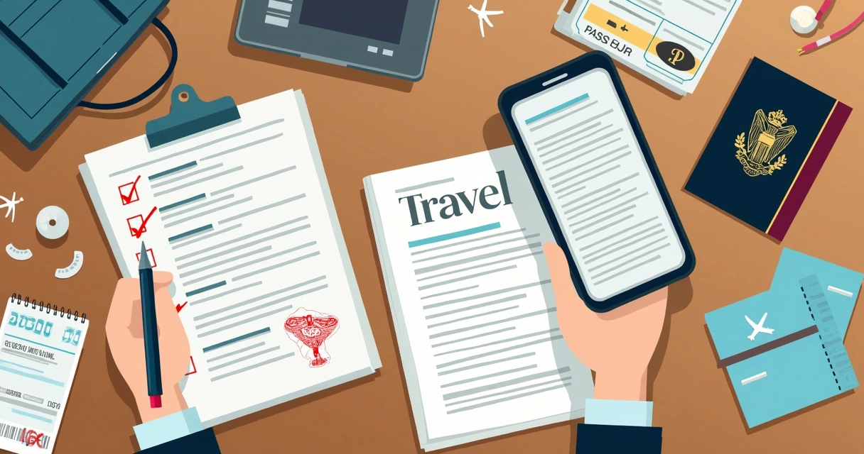 Checklists de viagem, passaporte e documentos organizados na mesa 