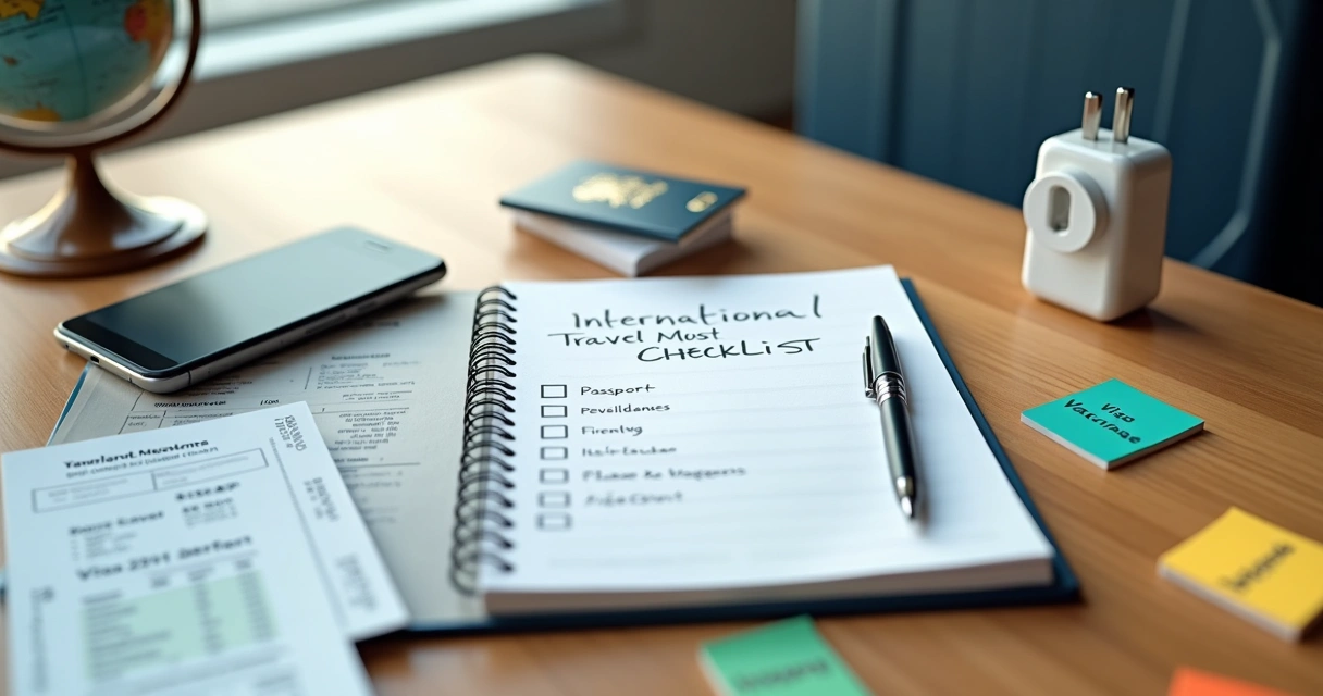Mesa com checklist de viagem internacional, passaporte e documentos organizados 