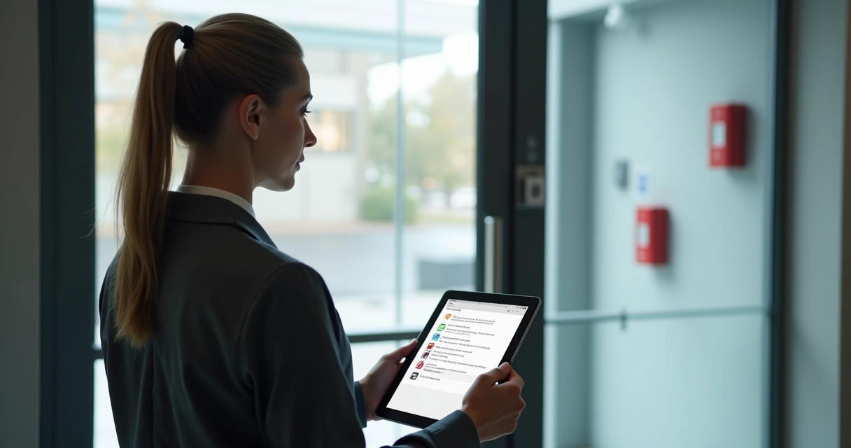 Síndico usando tablet para vistoria predial 