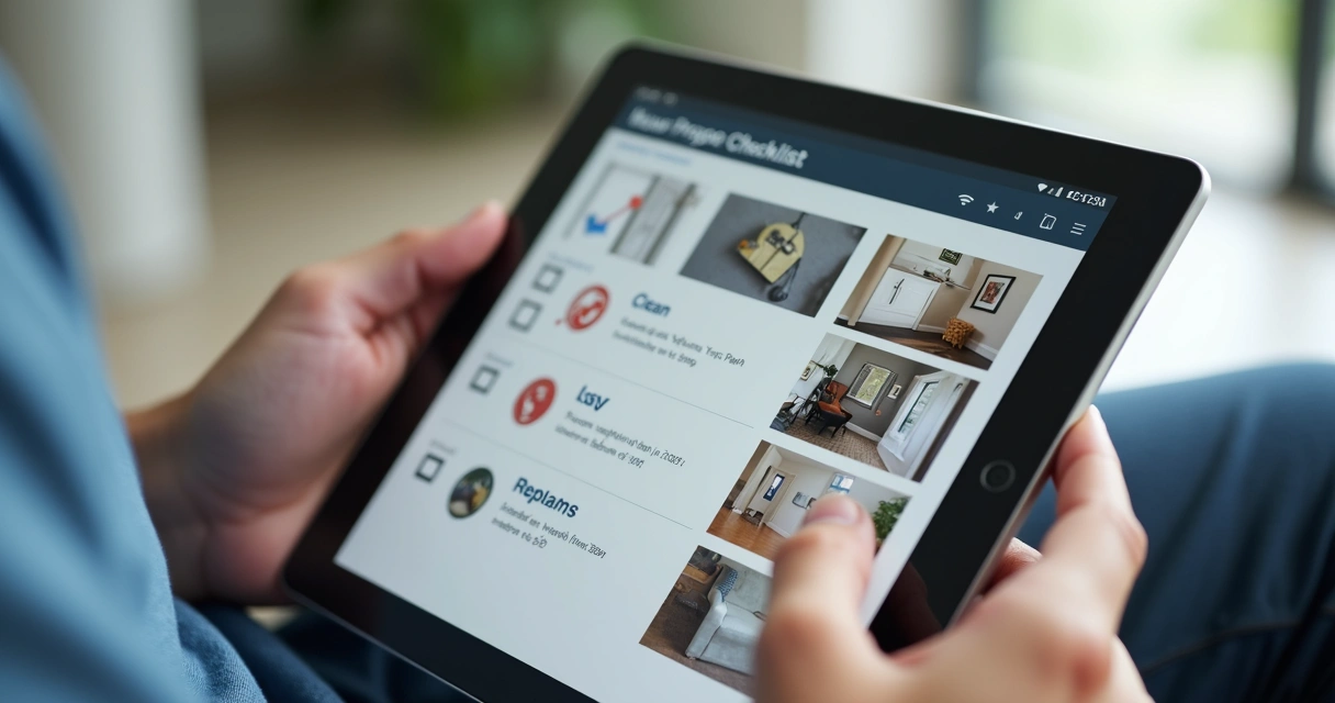Checklist digital sendo preenchido em tablet durante vistoria de imóvel 