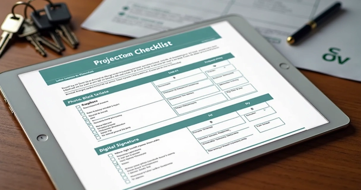 Tela de checklist de vistoria imobiliária digital em tablet com opções de fotos e assinatura. 