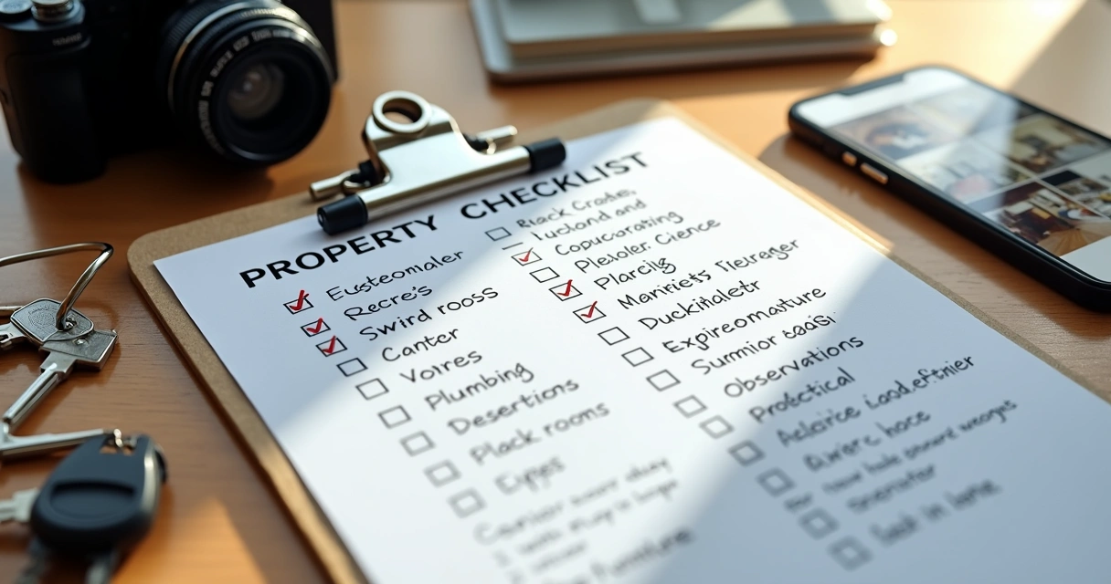Checklist detalhado com fotos e anotações de vistoria de imóvel 