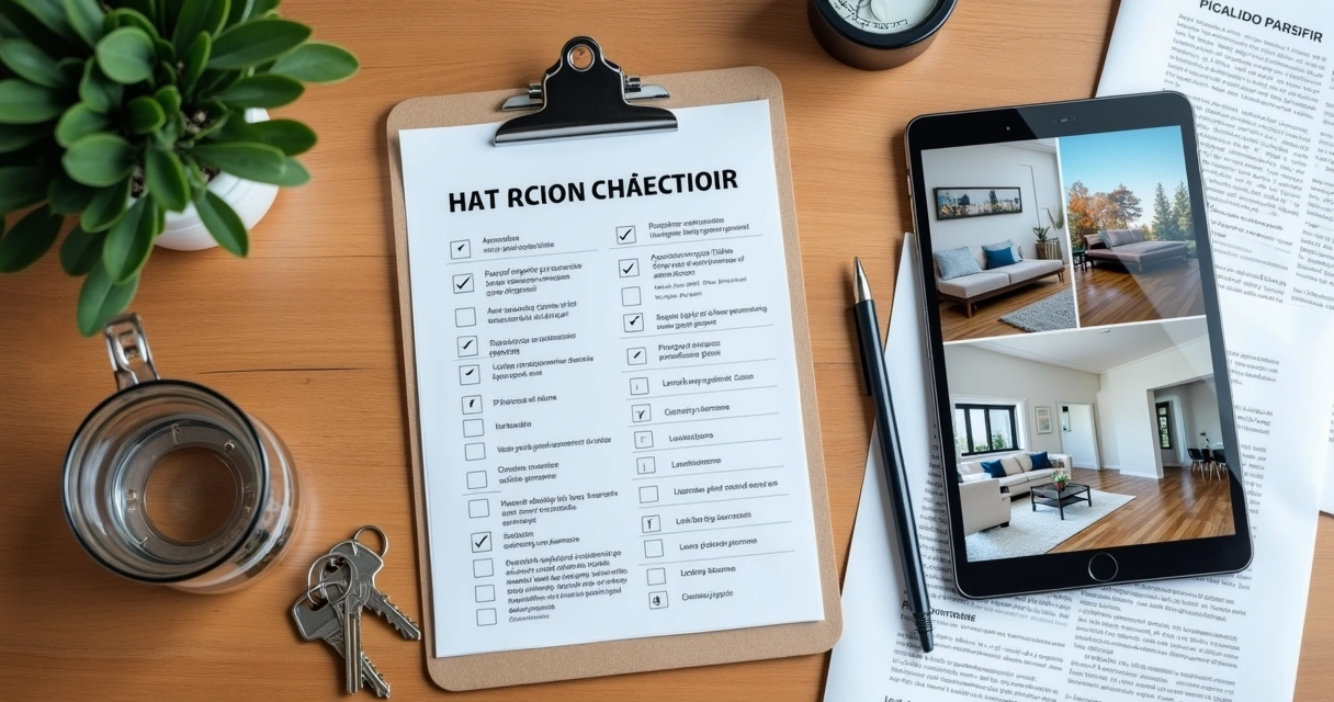 Checklist de vistoria sobre mesa com fotos do imóvel 
