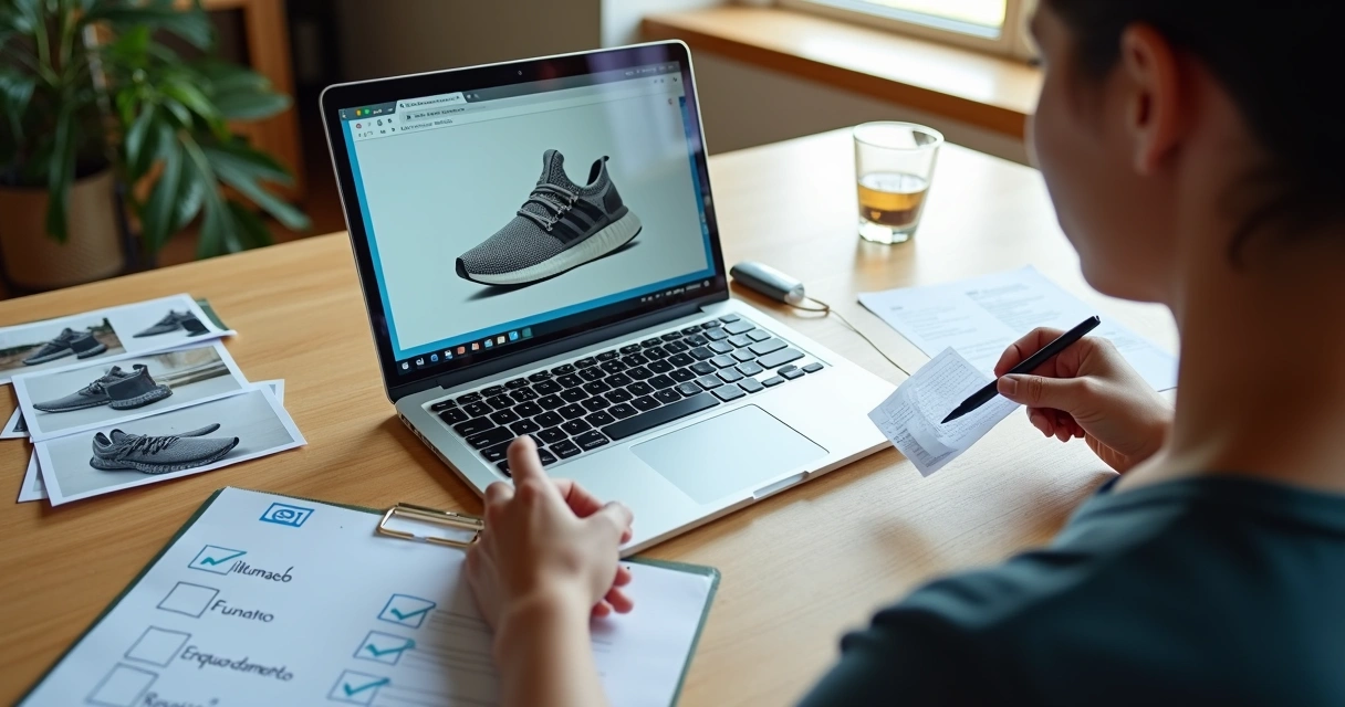 Empresária analisando checklist visual ao lado de fotos de produtos em um notebook 