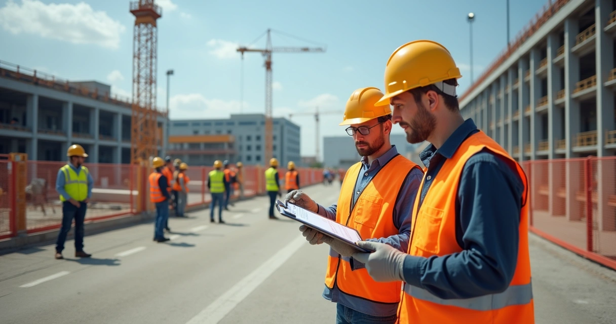 Profissionais conferindo checklist em canteiro de obras amplo 