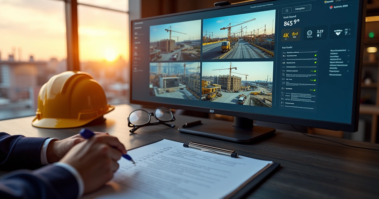 Engenheiro marca checklist visual de obra em tela com fotos 4K 