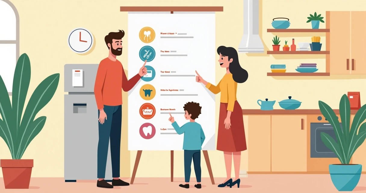 Checklist visual colorido com desenhos de tarefas domésticas numa cartolina 