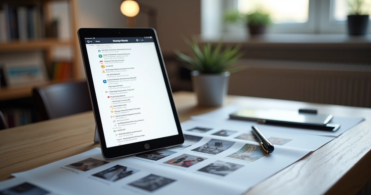 Checklist digital de fluxo de trabalho em tela de tablet com fotos ao lado 
