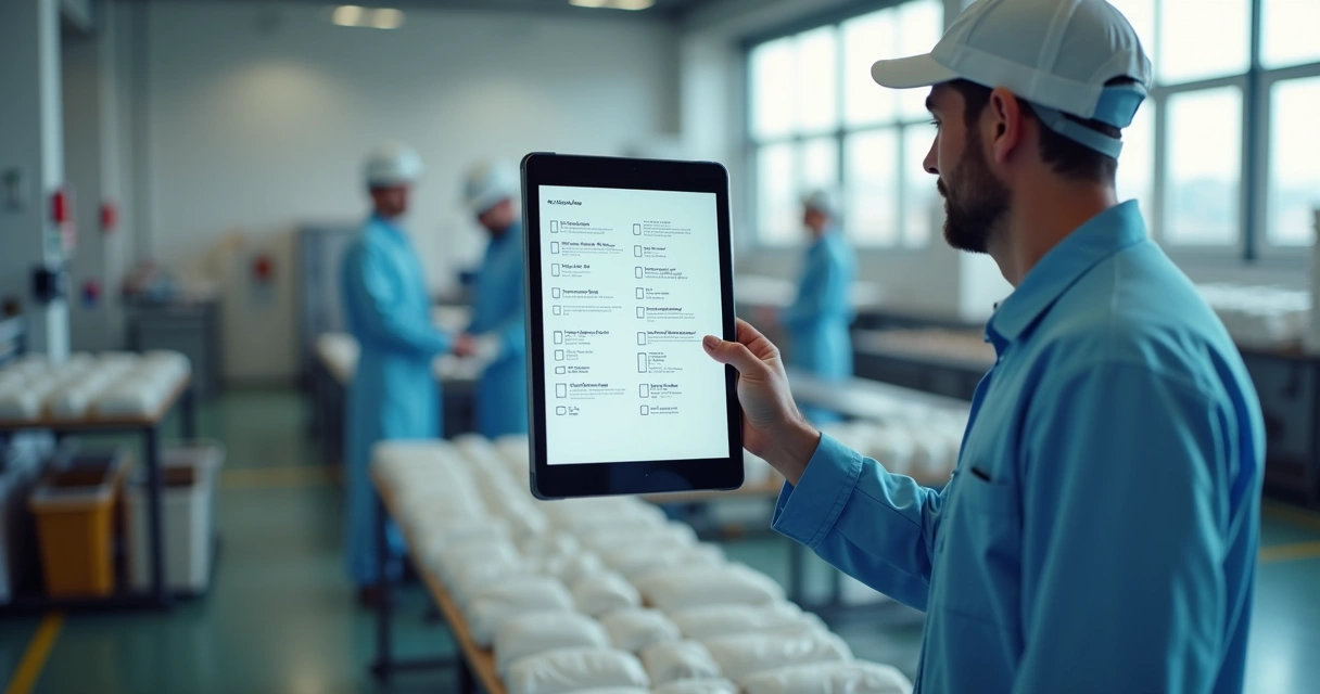 Tela de checklist digital preenchido em tablet em uma fábrica de alimentos 