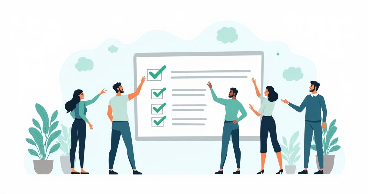Membros de equipe revendo checklist digital em tela grande 