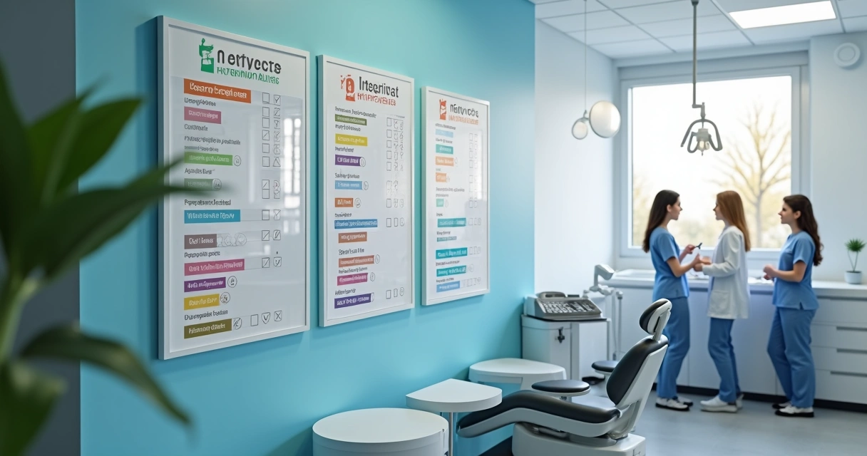 Checklists coloridos colados em mural de clínica odontológica 