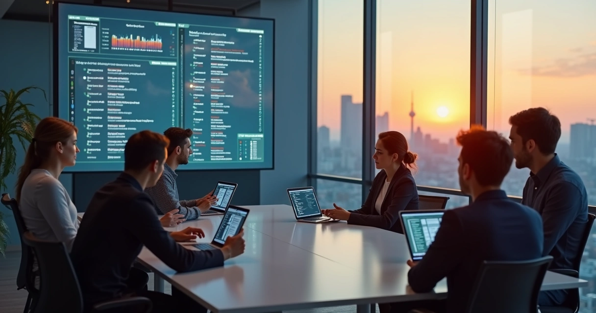 Equipe em reunião avaliando checklists de processos em tablets e painel 