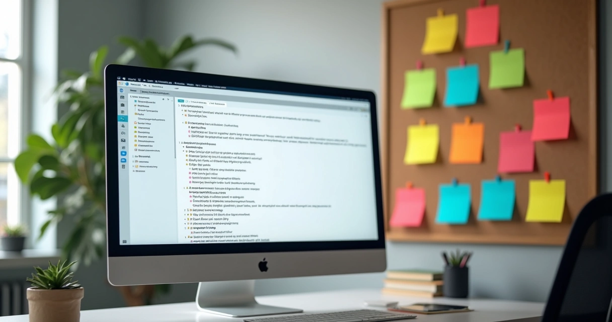 Checklist de tarefas de revisão em monitor de computador e quadro na parede