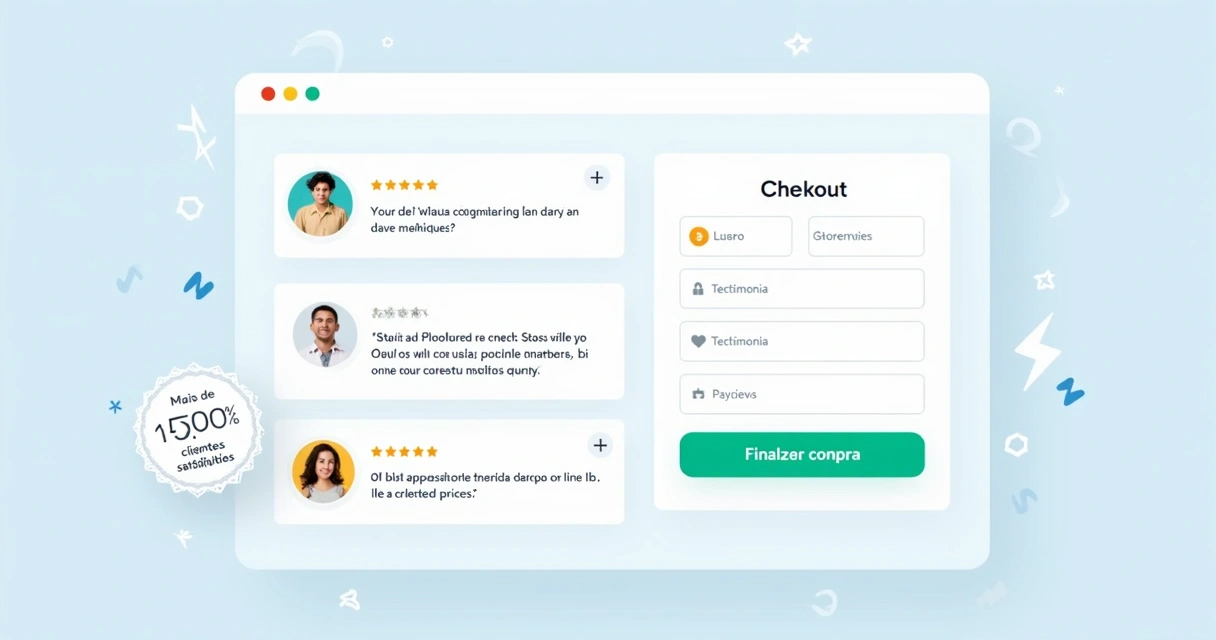 Checkout de ecommerce exibindo depoimentos e estrelas de avaliação 