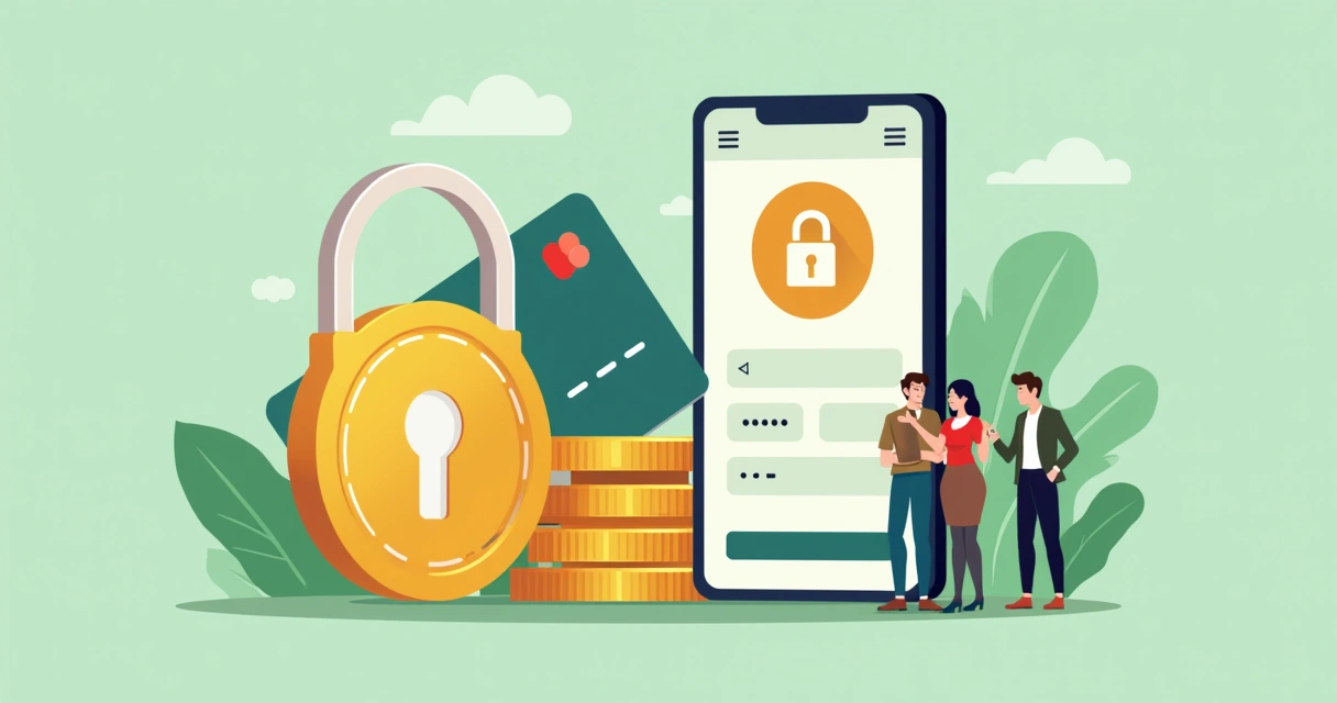 Ilustração com selo de segurança, cartão, smartphone e equipe de atendimento ao lado do checkout 