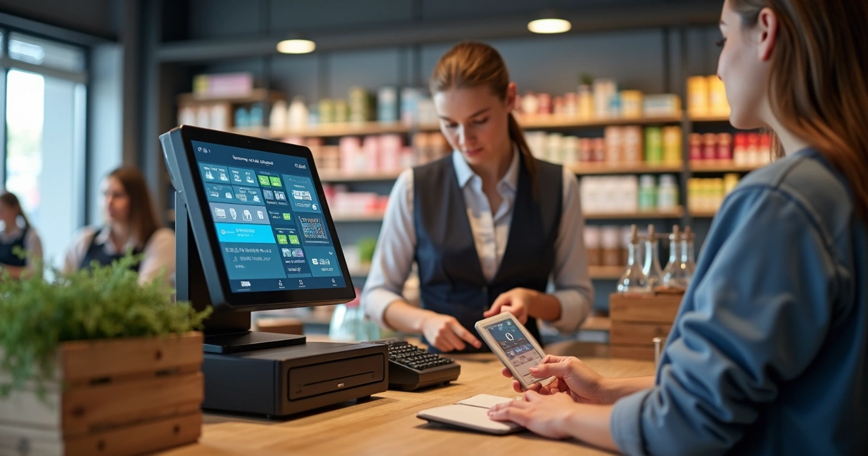 Cliente passando compras em caixa digital com tela de estoque na loja 